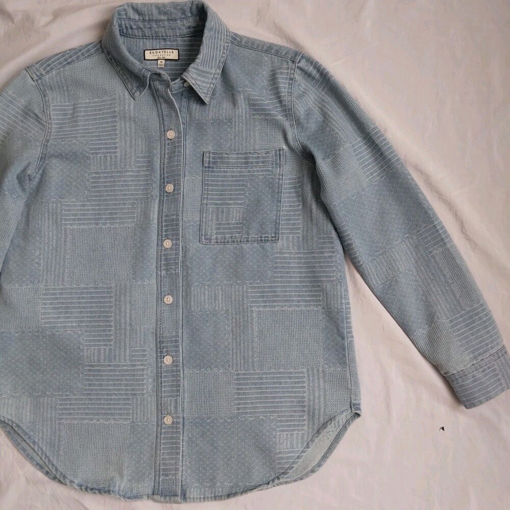 Bagatelle Collection Denim Shirt Shacket Textured Patchwork Button Down Womens M - Picture 4 of 12